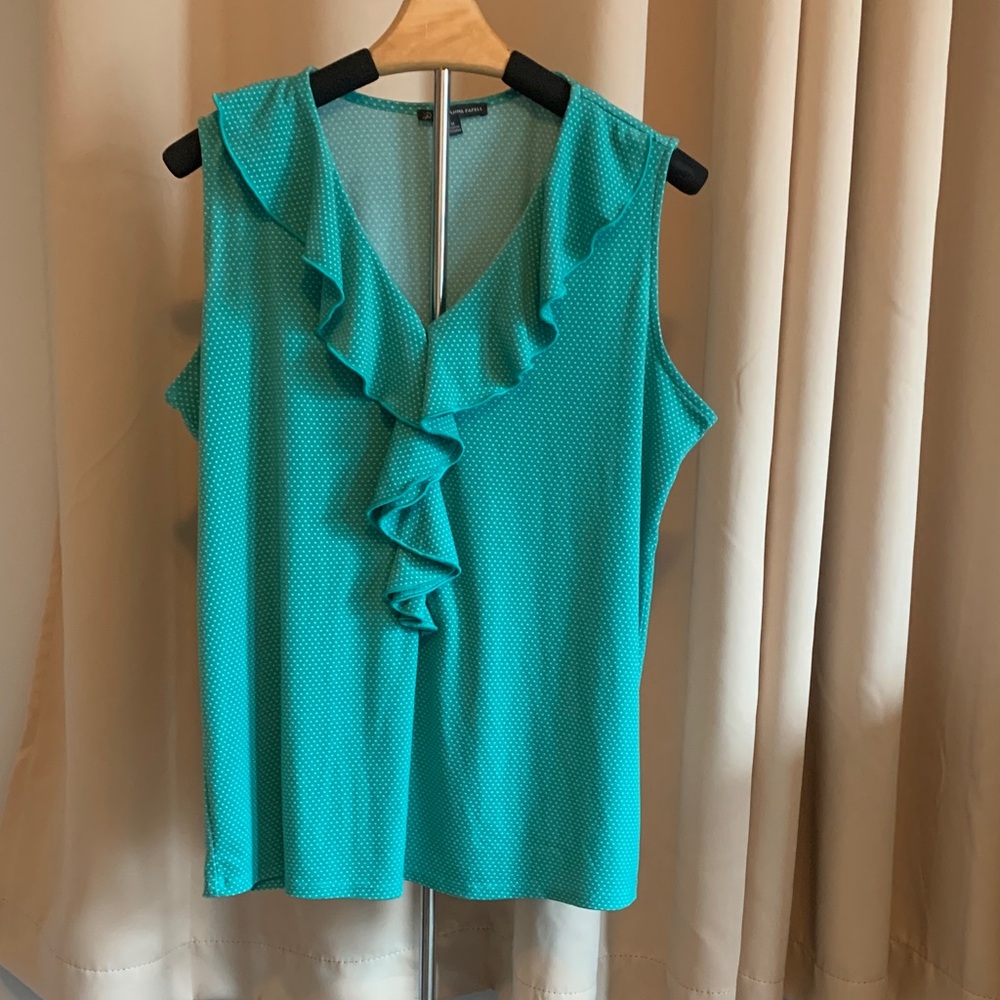 ADRIANNA PAPELL Turquoise Ruffle V-Neck Blouse - Picture 2 of 4